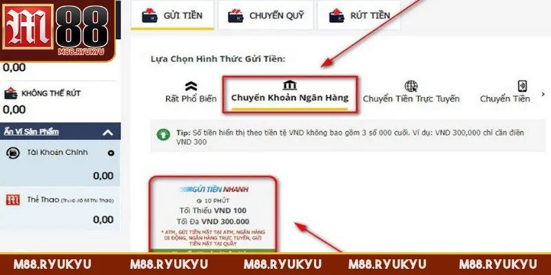 Nạp tiền M88 bằng chuyển khoản ngân hàng nhanh chóng