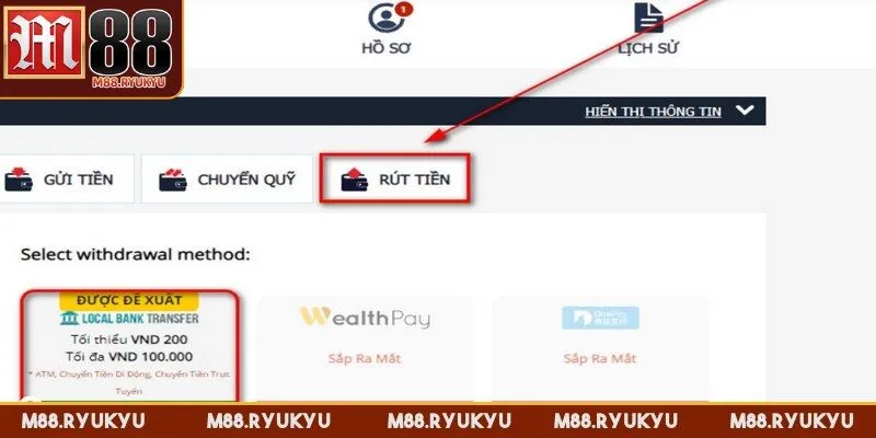 Truy cập tính năng rút tiền tại mục quản lý tài khoản